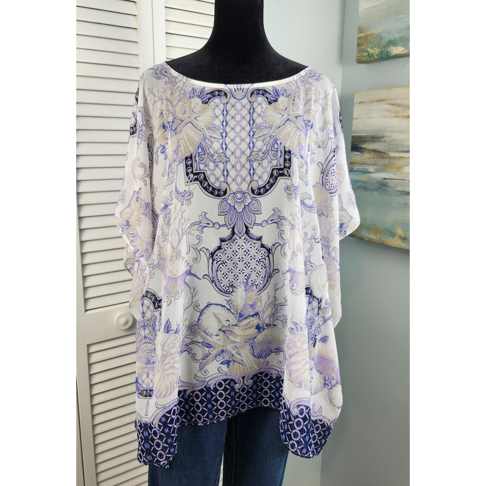 Chico’s Sheer Kimono Chiffon Kaftan S/M White Lavender Old Money Resort Wear